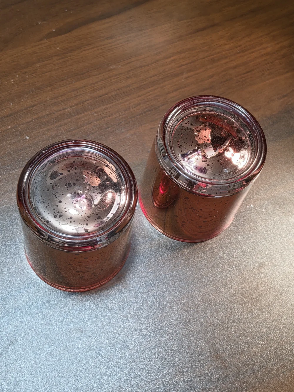 Pink Speckled Glass Votive Candle Holders And Stemless Wine Glass